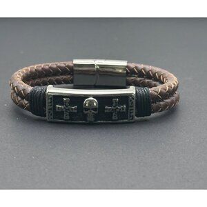 Braided Brown Leather Bracelet Stainless Steel Skull & Cross Magnetic Clasp